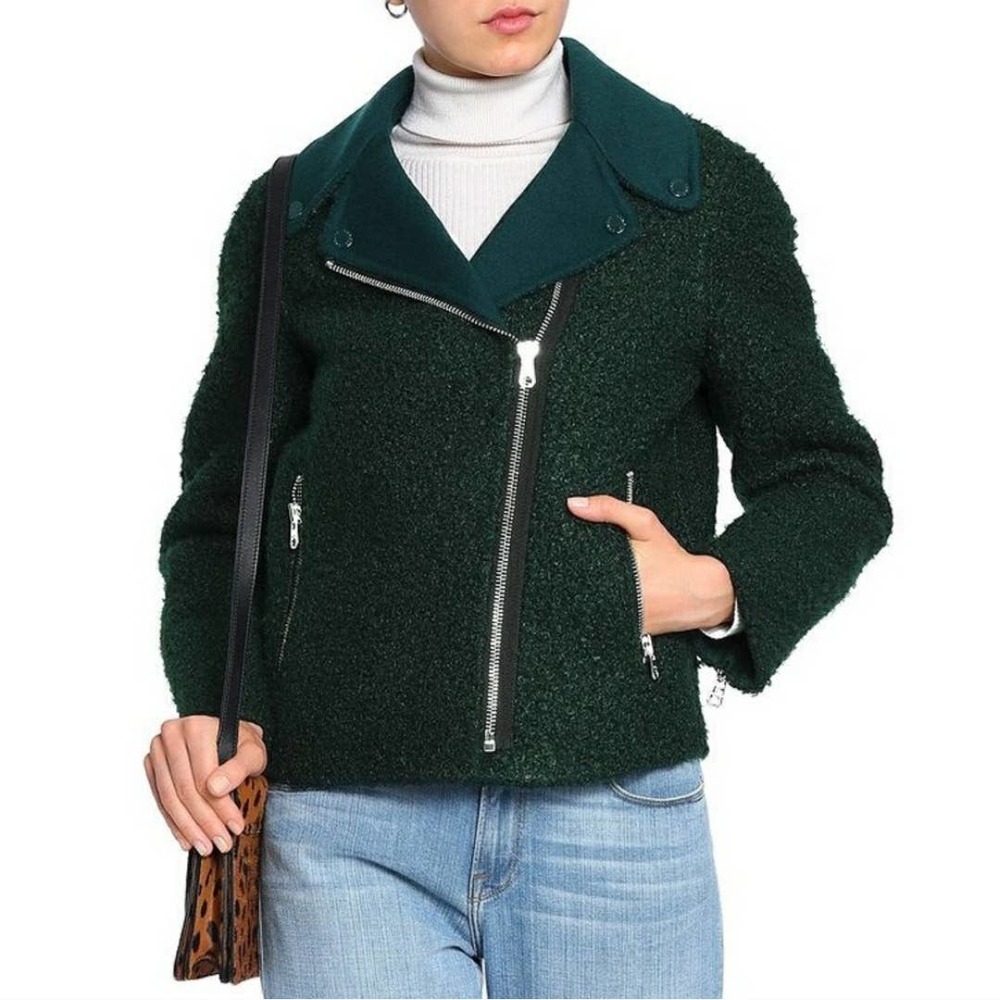 Sandro Paris Alik Green Shearling Asymmetric Zip Moto Biker Jacket Sz 8 NEW Wool